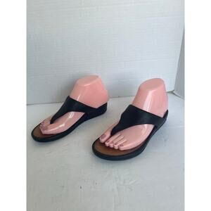 FitFlop Black/Brown Leather Banda Il‎ Thong Slip On Low Wedge Comfort Sandals 6